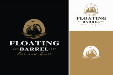 Floating Wooden Cask on the sea waves. Old Rustic Beer Barrels Adrift in the Ocean for Vintage Bar Pub or Brewing Brewery logo design