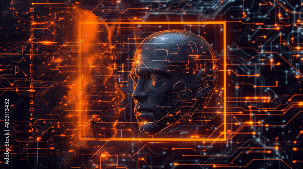 Poster technical background with silhouettes of men vector scientific illustration artificial intelligence 