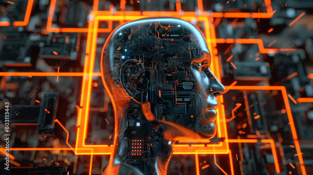 Poster technical background with silhouettes of men vector scientific illustration artificial intelligence 