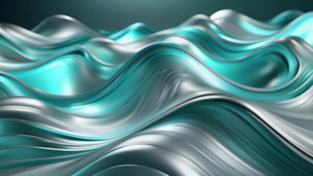 Undulating metallic turquoise ribbons flow and curve in smooth, sinuous lines, creating a mesmerizing abstract pattern that suggests fluid motion, dynamic energy and futuristic elegance.