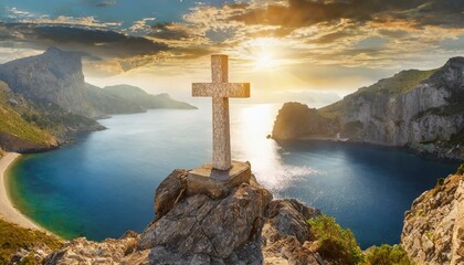 A Marble Cross Perched Upon a Rugged Cliff. - Powered by Adobe