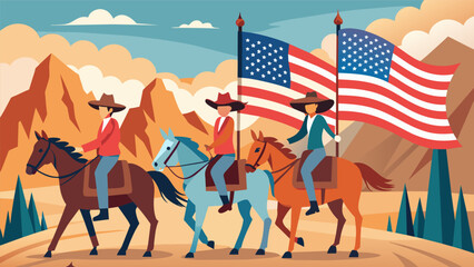Obraz premium A group of horseback riders donning Western attire clipclops down the street proudly carrying the American flag.. Vector illustration