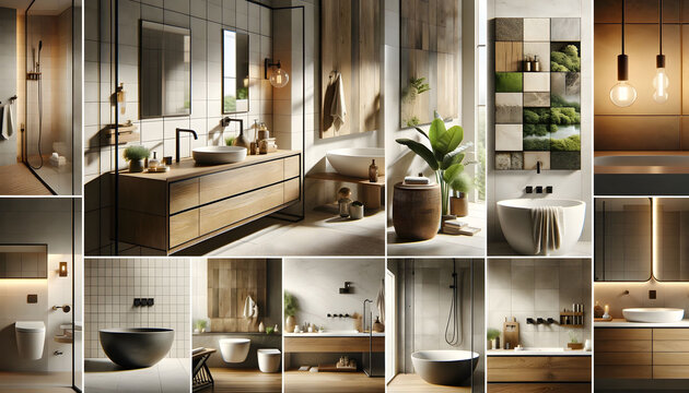 Interior design moodboard with modern bathroom furniture, home accessories details and contemporary style.