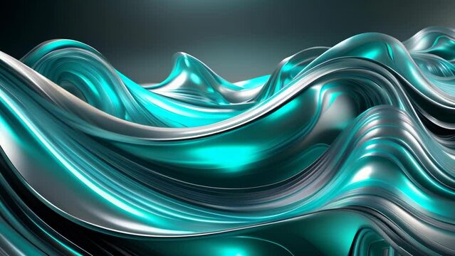 Undulating metallic turquoise ribbons flow and curve in smooth, sinuous lines, creating a mesmerizing abstract pattern that suggests fluid motion, dynamic energy and futuristic elegance.