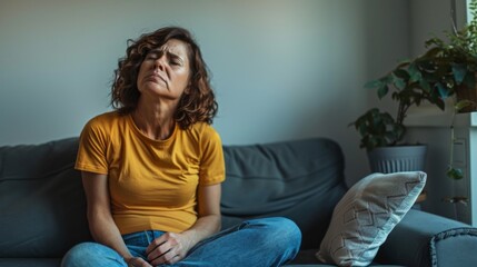 Sad middle-aged woman suffering from abdominal pain, Menopause, sitting at home on the couch. Problems, Old Age, Women's Health concepts - Powered by Adobe