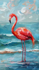 Flamingo. Greater flamingo by the ocean, with long neck and beak. Generative AI