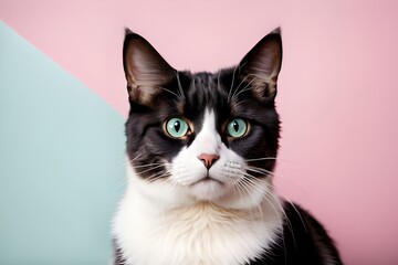 Close-up of a black and white cat with striking green eyes against a pastel pink and light blue background, ideal for pet themes. generative ai