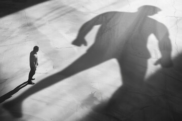 A person whose shadow gradually transforms from a large and vague shape to a slimmer and more defined one, as a symbol of improving physical condition