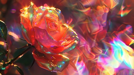 Gleaming rose petal against a shimmering, iridescent abstract surface.