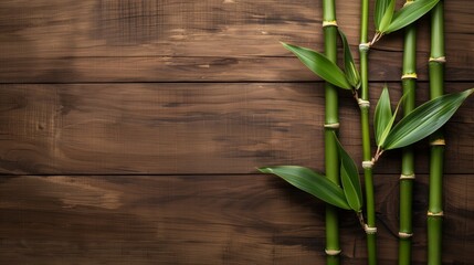 Elegant wooden background with diagonal bamboo stems and green leaves, offering a natural texture...