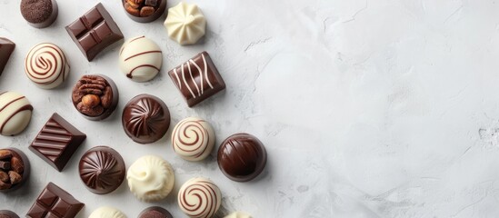 Selection of premium chocolate candies, including white, dark, and milk chocolate, displayed against a sweet backdrop with empty space. View from above.