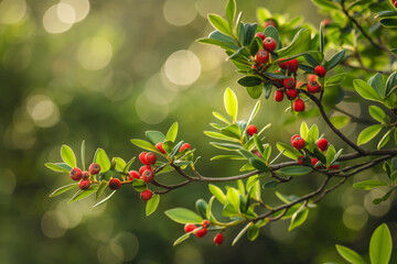 Twig with red berries and green leaves from a shrub. yaupon tree with red berries. Generative AI
