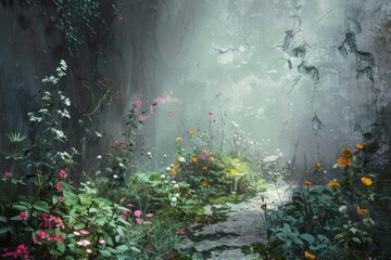 A path strewn with flowers and greenery that the character follows, leaving behind gray and empty spaces, reflecting the return of creativity and enthusiasm