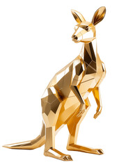 Golden kangaroo statuette in polygonal style. PNG, transparent background