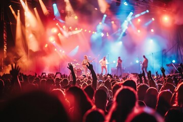 A summer music festival, with energetic crowds, musicians on stage surrounded by dynamic lights and sound waves, capturing the essence of live performances