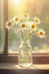 Tranquil Morning Light with Fresh Daisy Arrangement on Window Sill