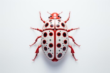 A spotted red and white beetle on a white background.