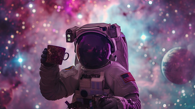 In the depths of space, an astronaut savors a cup of coffee - Powered by Adobe