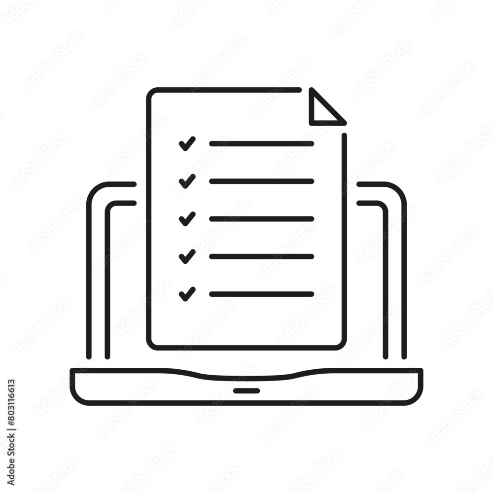 Poster online test on laptop line icon. computer with checklist linear pictogram. survey check list, questi