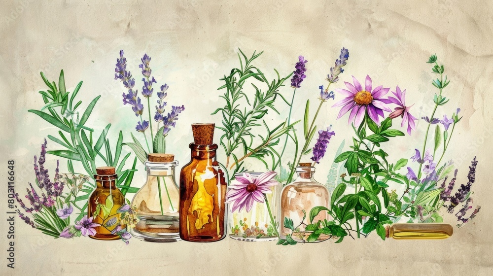 Poster an artistic and informative chart illustrating the healing properties of herbs from soothing lavende