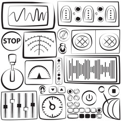 Vector seamless pattern, set, icons - stylized simple images of various buttons, levers, devices, technical details, radars, mechanisms, consoles in the form of black and white outlines.