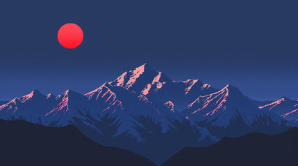 A minimalist illustration of the silhouette of snowcapped mountains against a dark blue sky with a glowing red sun. 