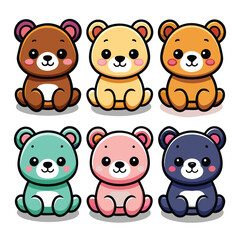 Nine vectors of a kawaii cute bears sitting, with white shadows in illustrations, black border, white background, different colors