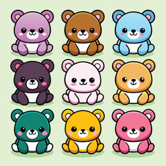 Fototapeta premium Nine vectors of a kawaii cute bears sitting, with white shadows in illustrations, black border, white background, different colors