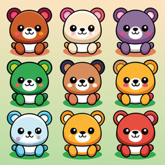 Nine vectors of a kawaii cute bears sitting, with white shadows in illustrations, black border, white background, different colors