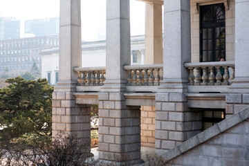 View of the stone columns in Deoksu Palace building