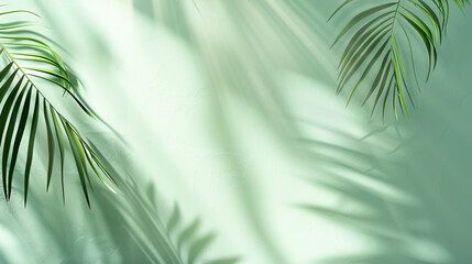 Photo of a modern solid color background with soft shadows from palm leaves in the style of light green and gray colors, for a product presentation template design 