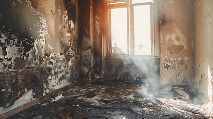 Sunlight streams into an abandoned room with peeling walls and scattered debris on the floor.