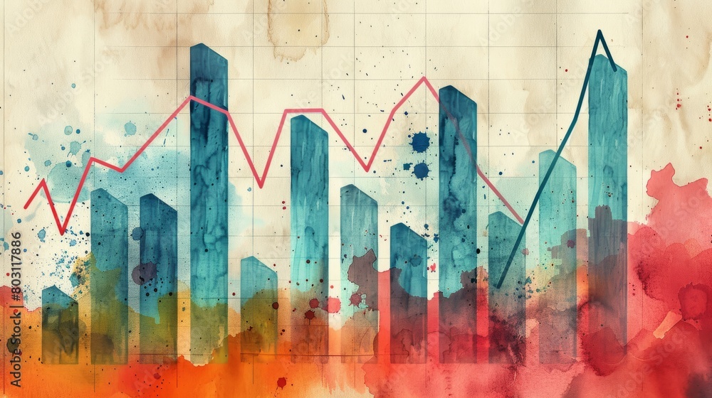 Poster a watercolor painting of a bar graph with blue and red bars on a white background with a red line gr
