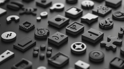 A variety of detailed monochrome icons in 3D rendering on a dark background