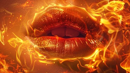 a woman's lips are engulfed in fiery flames, radiating intense heat and energy