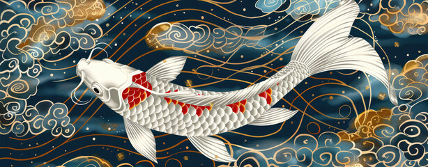 A dark blue background with white and gold koi fish