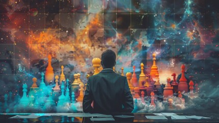 A man sits on a building ledge overlooking a cosmic chess board.