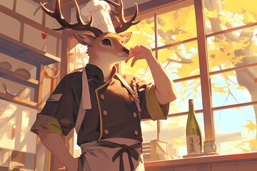 anime style illustration, reindeer chef is cooking