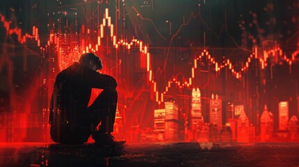 A man sits on a rooftop overlooking a city. The city is in the background and is dark and gloomy. The man is in the foreground and is also dark and gloomy.