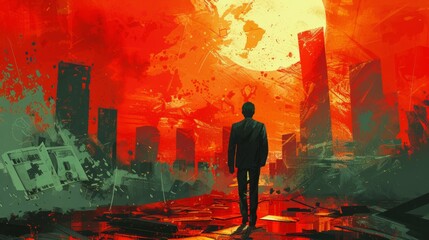 A man walking through a destroyed city. The sky is red and the ground is cracked.