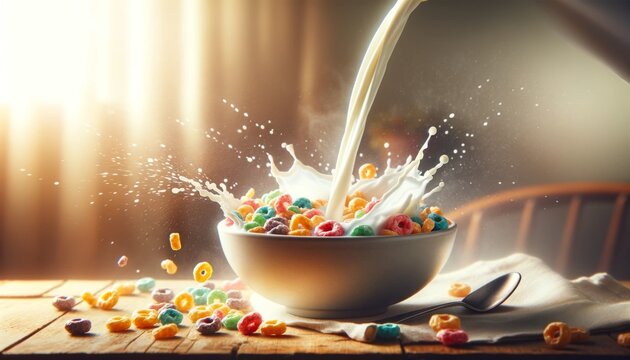 Colorful Cereal Splashing into Milk at Breakfast
