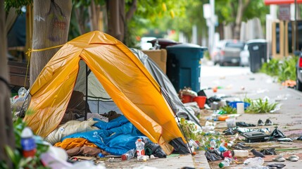 An urban street with a yellow tent surrounded by various debris, indicating a makeshift living area.