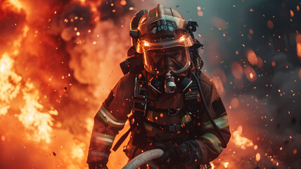 A firefighter in protective gear is battling a house fire.