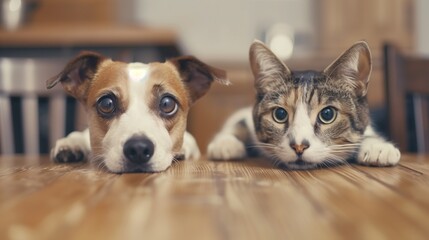 Close-up portrait of a curious dog and cat lying together on a wooden floor, indoors. - Powered by Adobe