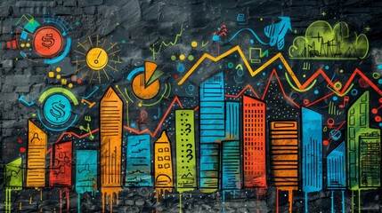 A graffiti of a city with bright colors and various financial symbols.
