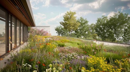 A natureinspired graphic of a green roof showcasing the use of native plants and wildflowers to attract pollinators and support local ecosystems..