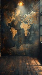 A professional business backdrop with a central light focusing on a detailed world map, emphasizing global focus and strategy