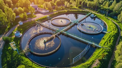 Aerial view of a water treatment plant with multiple circular tanks surrounded by greenery during sunset.