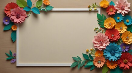paper flower frame with paper flowers and leaves,