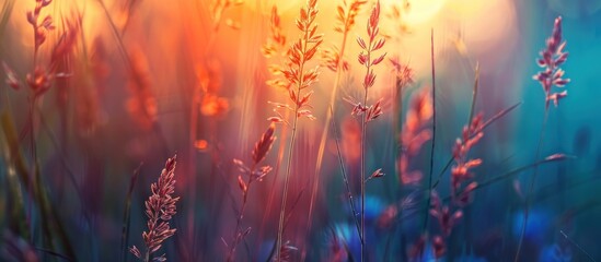Close up of wild grass in the meadow at sunset background. generative AI image